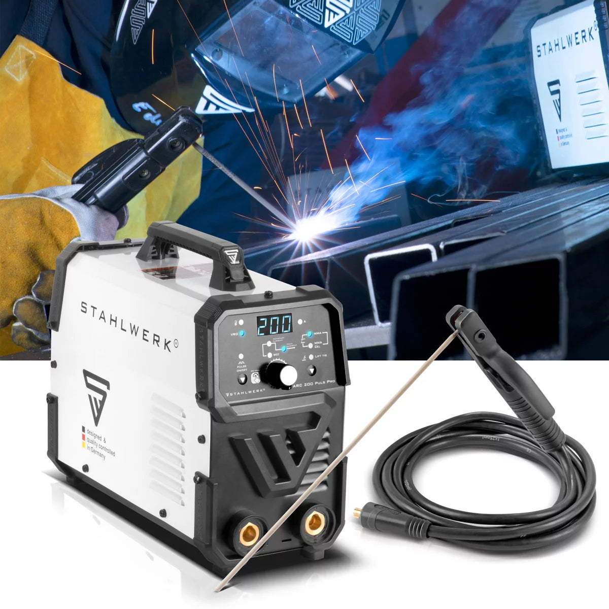 STAHLWERK ARC 200 Puls Pro electrode welding machine, compact MMA | E-hand | Lift-TIG inverter with 200 amps, IGBT technology and pulse function