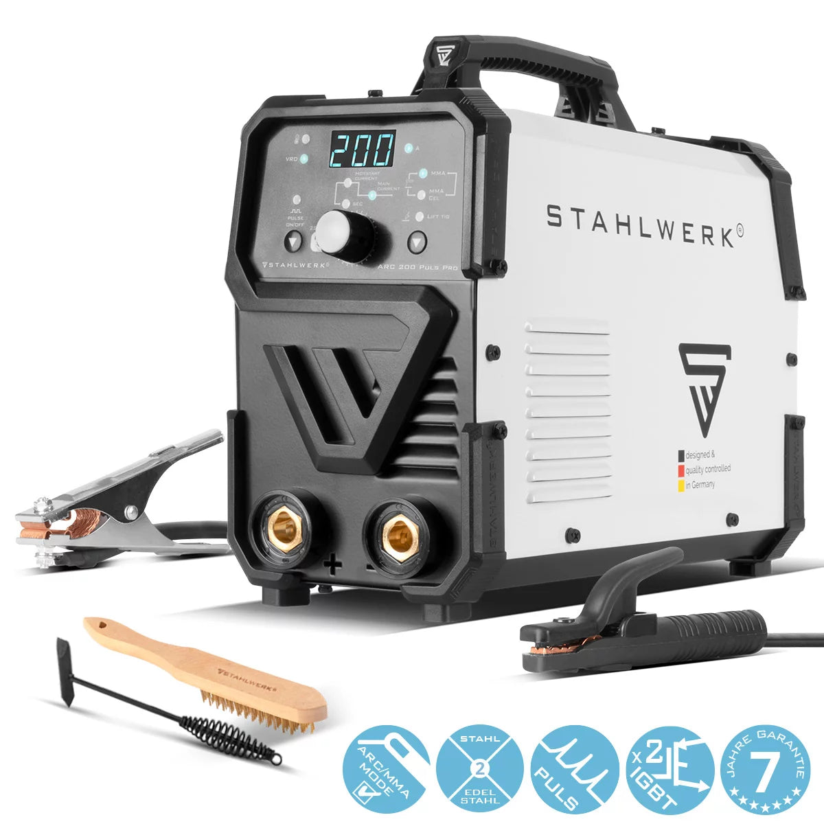 STAHLWERK ARC 200 Puls Pro electrode welding machine, compact MMA | E-hand | Lift-TIG inverter with 200 amps, IGBT technology and pulse function
