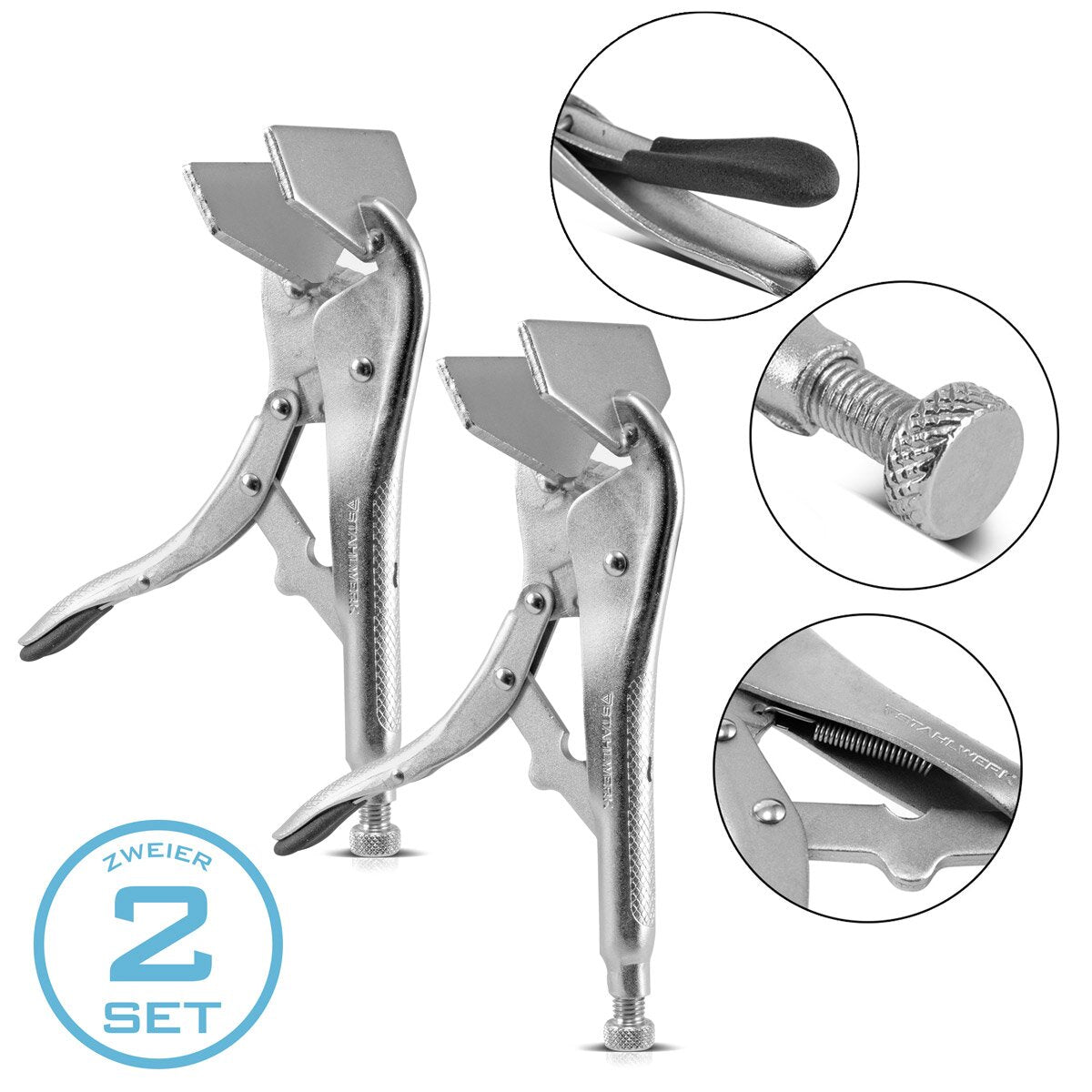 STAHLWERK Blech-Gripzange und Spann-Zange 2er Set mit 100 mm Spannbacken zum Spannen und Fixieren von dünnen Werkstücken und Blechen