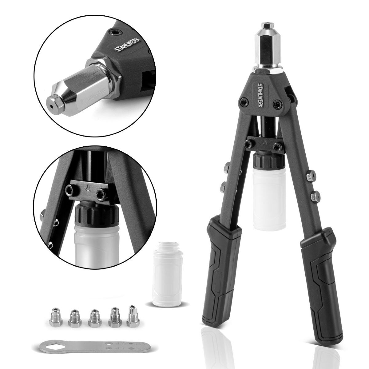 STAHLWERK HNZ-130 ST Robust professional lever rivet pliers and mandrel pliers / blind rivet pliers made of nickel-plated chrome molybdenum steel - 8-piece set including 200 rivets and 5 interchangeable inserts