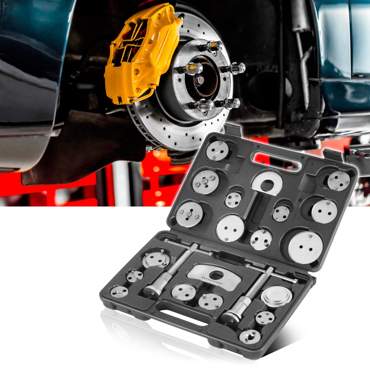 Juego de reiniciador de pistón de freno STAHLWERK 22 piezas reiniciador de pistón de pinza de freno | Restablecimiento de frenos | Restablecimiento del pistón | Juego de herramientas de reajuste para pistones de pinzas de freno de automóviles