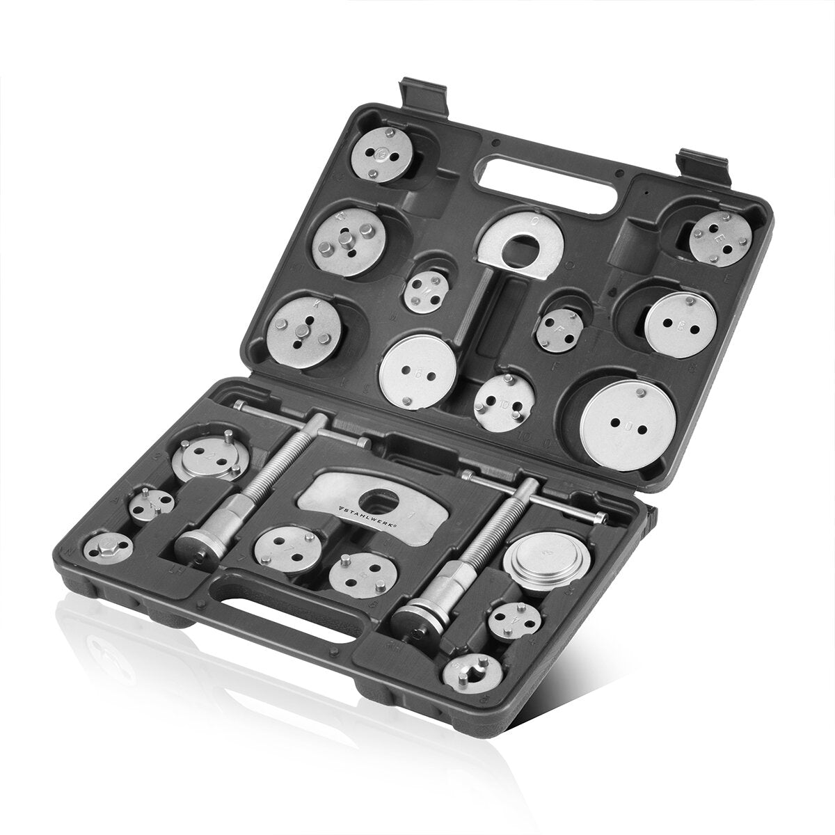 Juego de reiniciador de pistón de freno STAHLWERK 22 piezas reiniciador de pistón de pinza de freno | Restablecimiento de frenos | Restablecimiento del pistón | Juego de herramientas de reajuste para pistones de pinzas de freno de automóviles