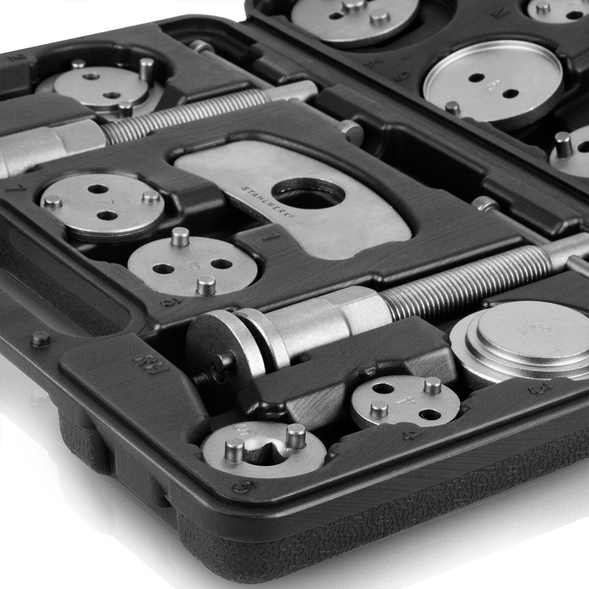 Juego de reiniciador de pistón de freno STAHLWERK 22 piezas reiniciador de pistón de pinza de freno | Restablecimiento de frenos | Restablecimiento del pistón | Juego de herramientas de reajuste para pistones de pinzas de freno de automóviles