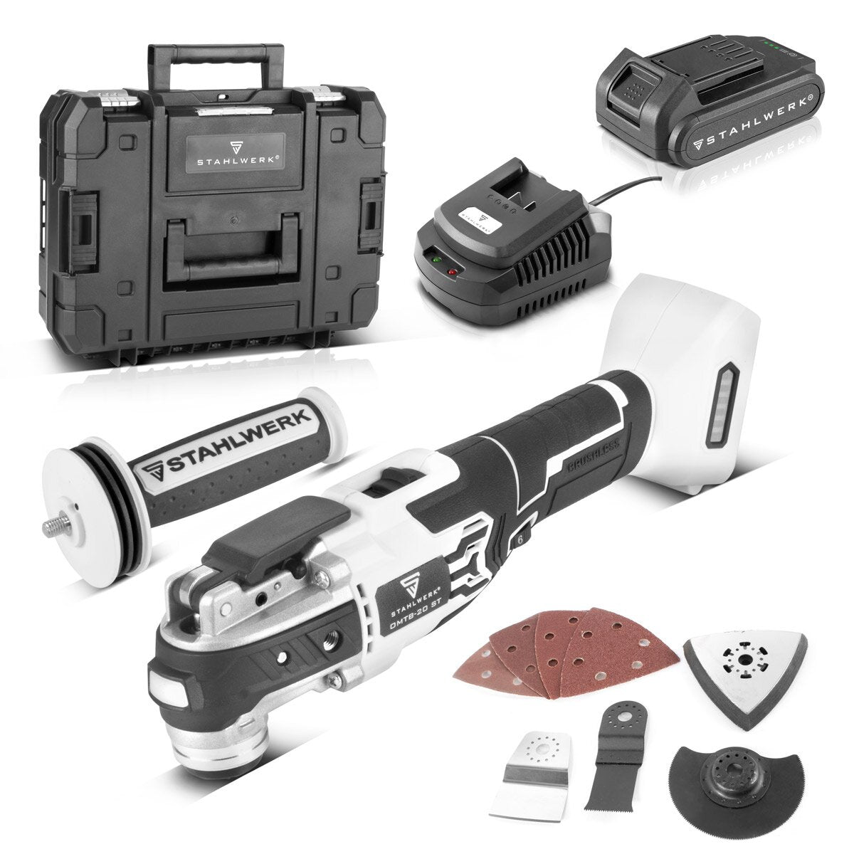 STAHLWERK brushless battery set | Hand circular saw AKS-20 ST | Oscillating multifunctional tool OMTB-20 ST | Reciprocating saw BRS-20 ST | Drill driver ABS-18 ST