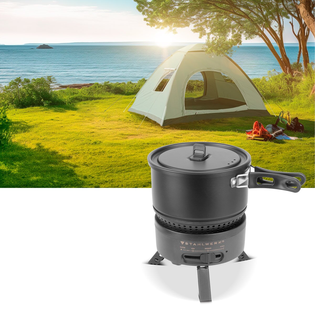 STAHLWERK camping stove CK-700 ST 2-in1 electric and gas stove | Outdoor stove | Camping tableware | Cartridge cooker | Camping cooking set with pot and pans