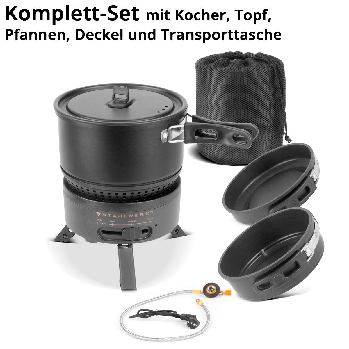 STAHLWERK camping stove CK-700 ST 2-in1 electric and gas stove | Outdoor stove | Camping tableware | Cartridge cooker | Camping cooking set with pot and pans