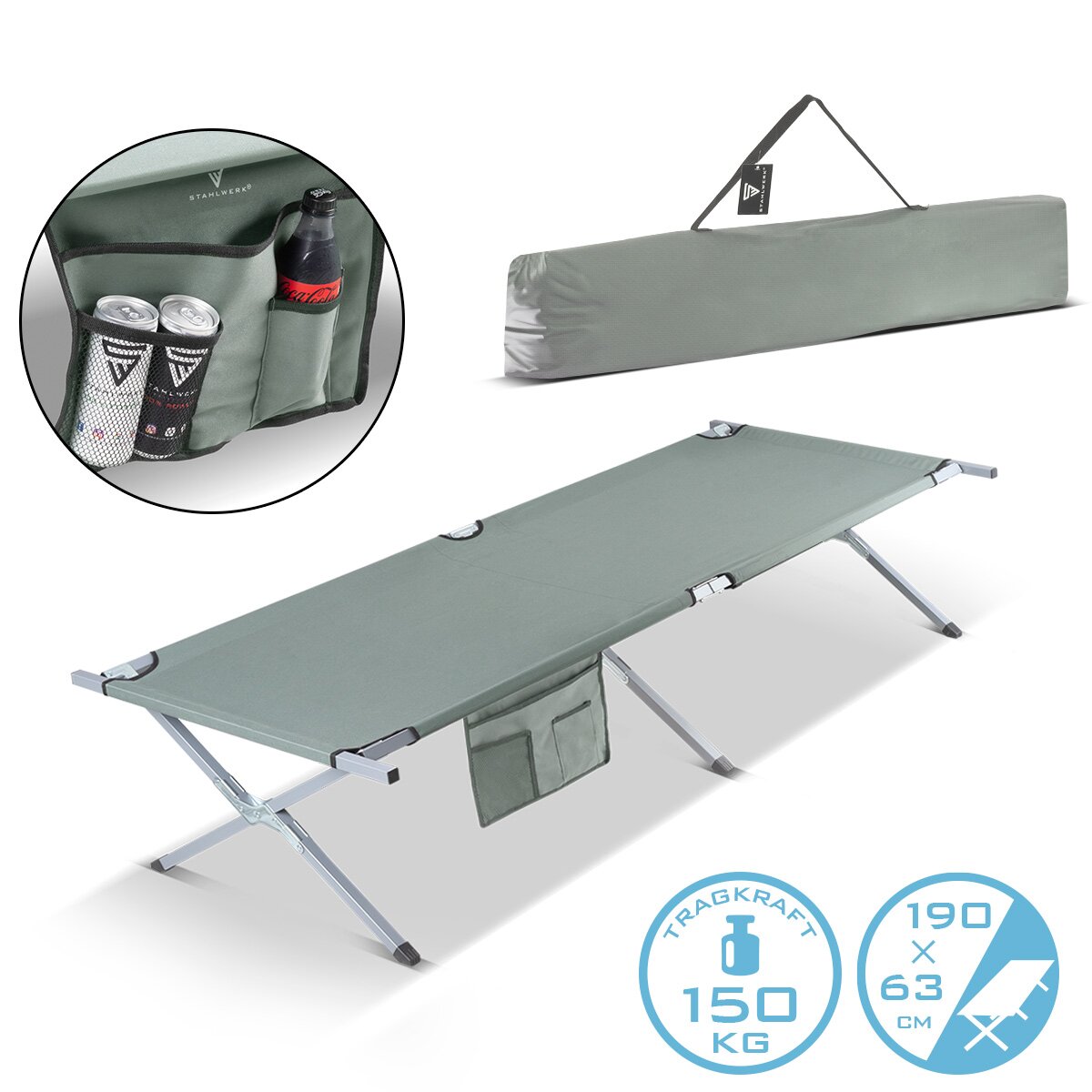 STAHLWERK tumbona de camping CL-190 ST cama plegable con capacidad de carga de 150 kg Cama de camping de 190 x 63 cm | cama plegable | cama plegable | Tumbona plegable | Cama de invitados | Tumbona plegable con bolsa de transporte.