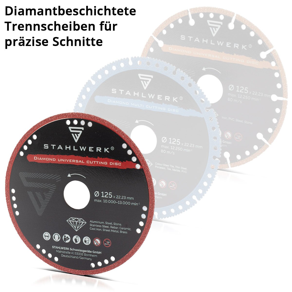 STAHLWERK diamond universal cutting disc set of 2 125 x 22.23 mm | Aluminum, steel, stone, glass | High cutting precision & long service life