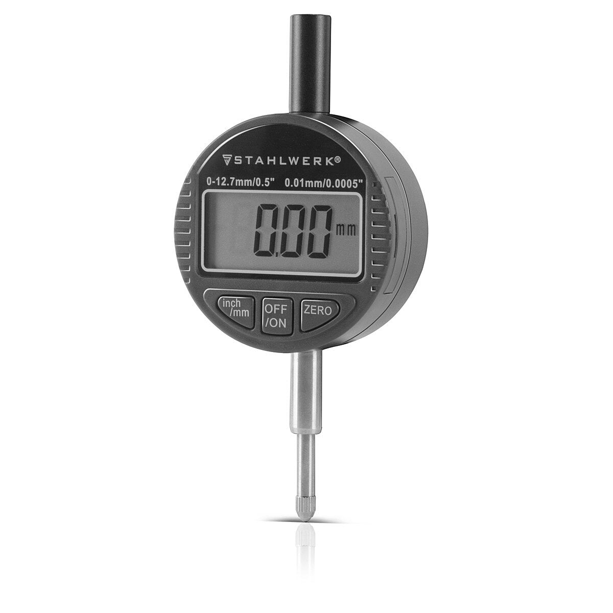 STAHLWERK digital dial indicator with 0-12.7 mm (0.5") measuring range, measuring probe for precision measurements in millimeters and inches