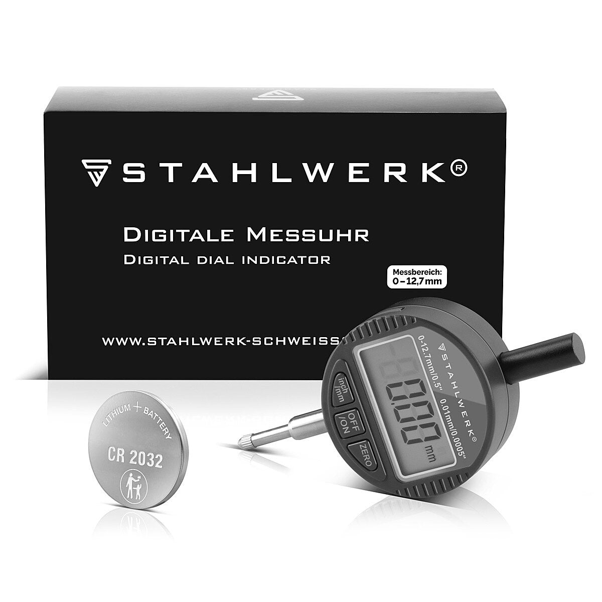 STAHLWERK digital dial indicator with 0-12.7 mm (0.5") measuring range, measuring probe for precision measurements in millimeters and inches