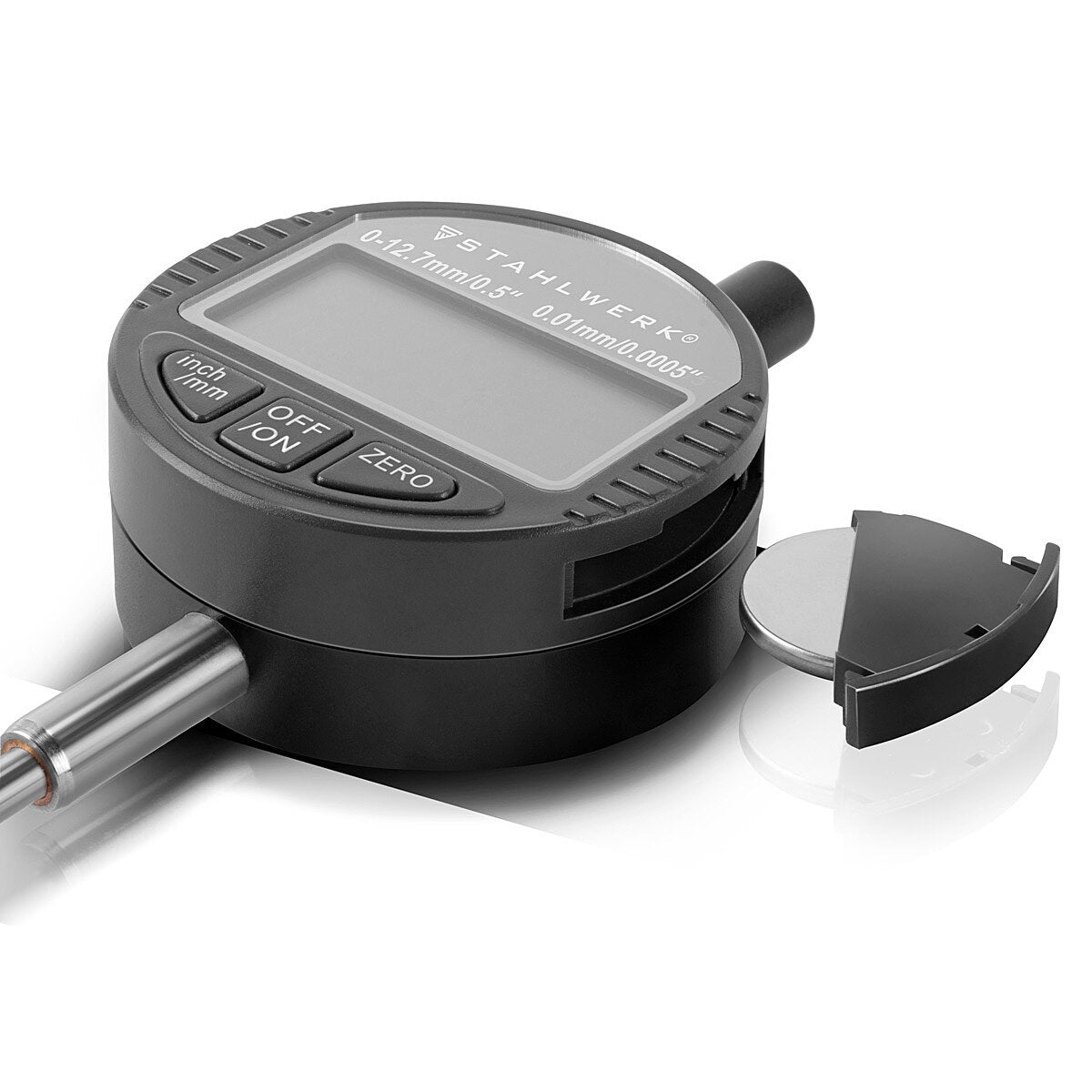 STAHLWERK digital dial indicator with 0-12.7 mm (0.5") measuring range, measuring probe for precision measurements in millimeters and inches