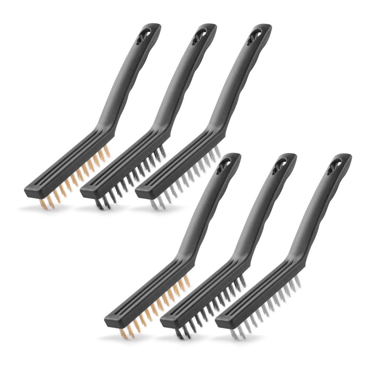 STAHLWERK Drahtbürsten Set 220 mm (9 Zoll) 6-teiliger Bürstensatz aus Messingbürste, Stahlbürste und Nylonbürste zum effektiven Reinigen von Oberflächen
