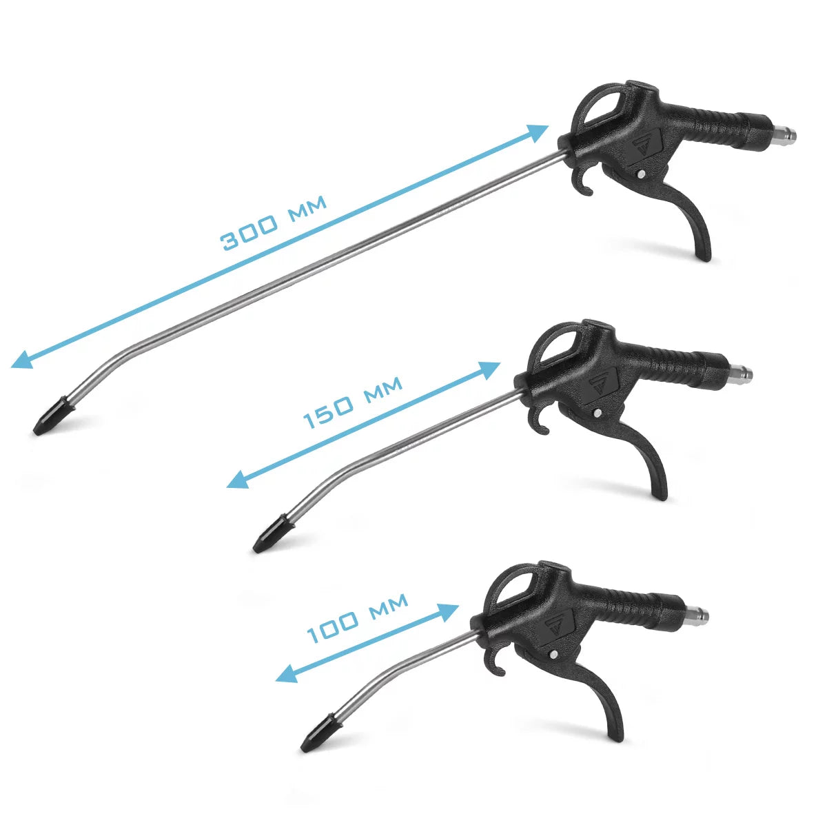 STAHLWERK 3-teiliges Druckluft-Ausblaspistolen-Set | Düsenlängen 100, 150 und 300 mm | 6 bar Arbeitsdruck | 1/4" Kupplung | Ergonomische Druckluft-Reinigungspistole für Kfz-Werkstatt und Handwerk