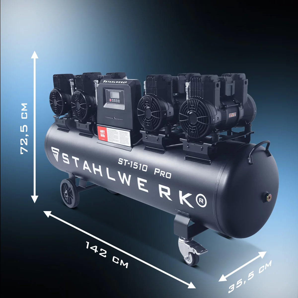 STAHLWERK Kompressor ST-1510 Pro mit 10 bar | 7,89 PS | 5,80 kW | 1000 l/min | 150 L Tank ölfreier Druckluft-Kompressor | Kolben-Kompressor | Silent-Kompressor | Flüster-Kompressor mit Brushless-Motoren