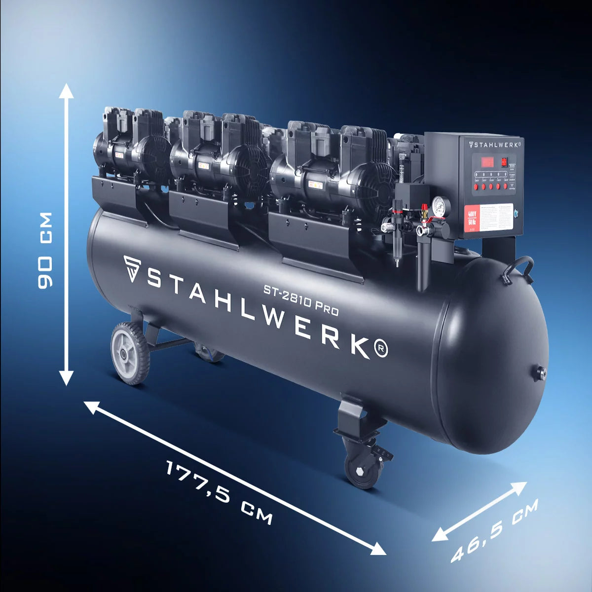 STAHLWERK Kompressor ST-2810 Pro mit 10 bar | 11,83 PS | 8,70 kW | 1500 l/min | 280 L Tank ölfreier Druckluft-Kompressor | Kolben-Kompressor | Silent-Kompressor | Flüster-Kompressor mit Brushless-Motoren