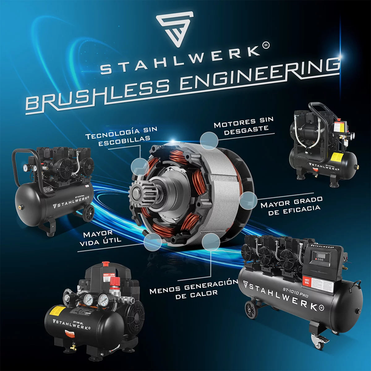 STAHLWERK compressor ST-310 Pro with 8 bar | 1.97 HP | 1.45kW | 250 l/min | 30 L tank oil-free compressed air compressor | Piston compressor | Silent compressor | Whisper compressor with brushless motors