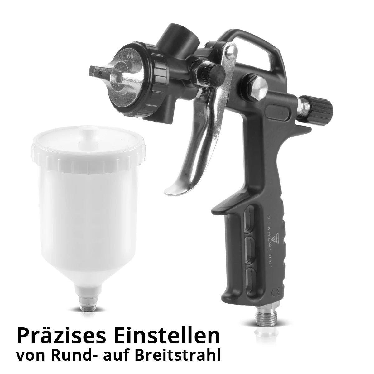 Set aria compressa STAHLWERK 5 pezzi | attrezzo ad aria compressa comprensivo di pistola per verniciatura, pistola per soffiaggio, pistola per pulizia con contenitore, gonfiatore per pneumatici con manometro e tubo a spirale da 5 metri per il collegamento
