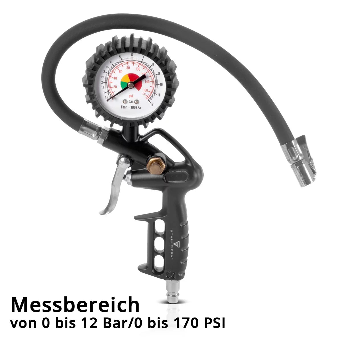 Set aria compressa STAHLWERK 5 pezzi | attrezzo ad aria compressa comprensivo di pistola per verniciatura, pistola per soffiaggio, pistola per pulizia con contenitore, gonfiatore per pneumatici con manometro e tubo a spirale da 5 metri per il collegamento