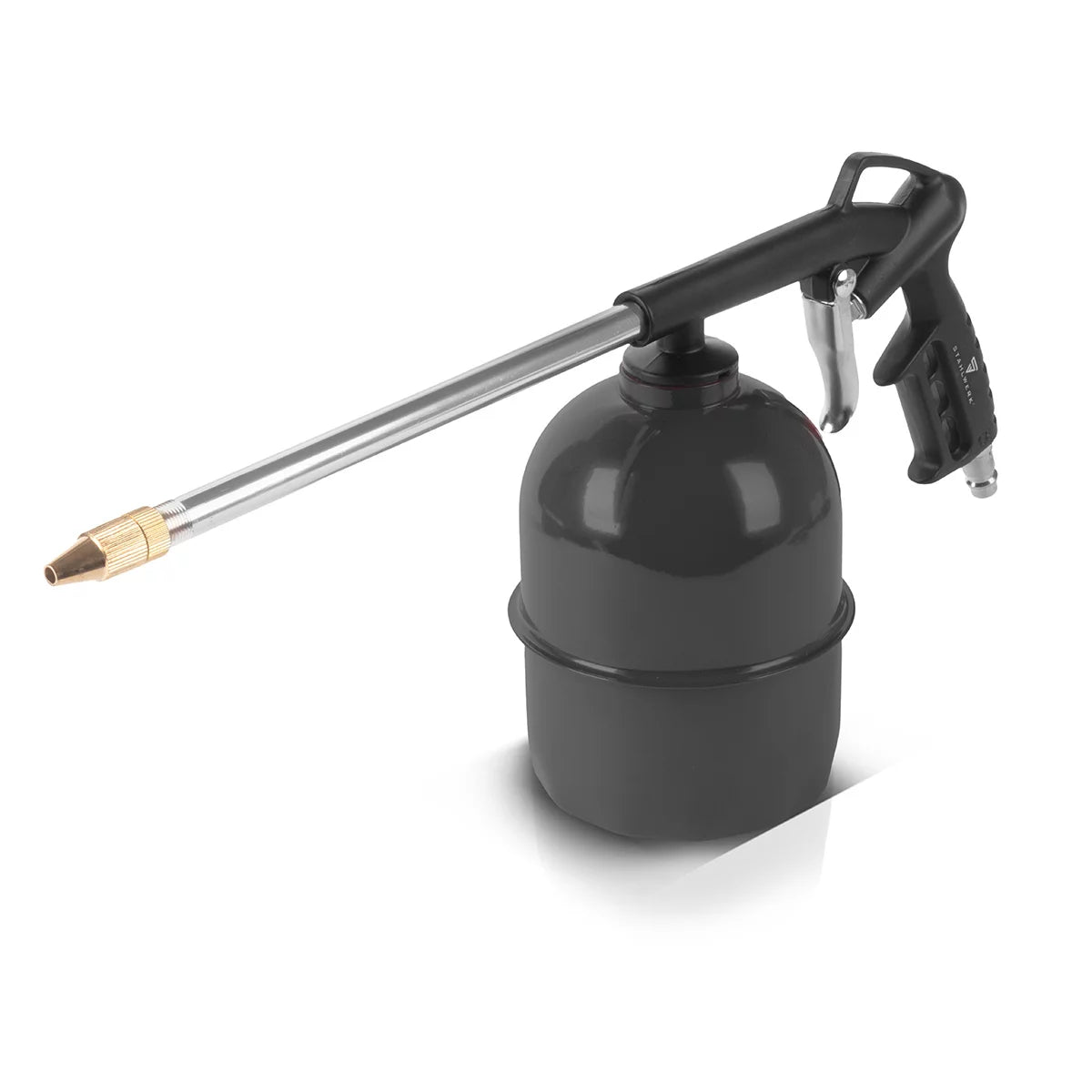 Set aria compressa STAHLWERK 5 pezzi | attrezzo ad aria compressa comprensivo di pistola per verniciatura, pistola per soffiaggio, pistola per pulizia con contenitore, gonfiatore per pneumatici con manometro e tubo a spirale da 5 metri per il collegamento