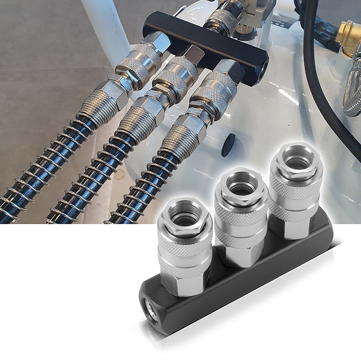 Steelworks Distributore ad aria compressa a 3 volte | Connessione al distributore a 3 vie | Adattatore d'aria compresso | Distributore pneumatico fino a 35 bar con thread di connessione NW 7,2 e 1/4 di pollice per compressori d'aria compressi