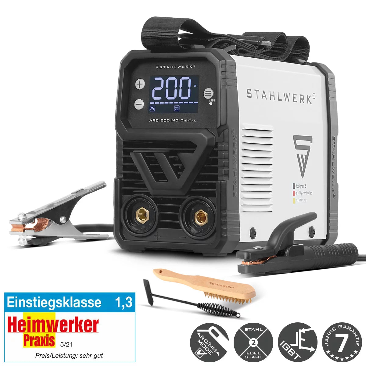 STAHLWERK ARC 200 MD Digital - 2026 - Elektroden-Schweißgerät DC MMA / E-Hand, Lift-TIG | Echte 200 Ampere | Digital-Display mit Menü | Hotstart, Anti-Stick, ARC-Force, VRD | Smart-Kühlung | IGBT-Technologie