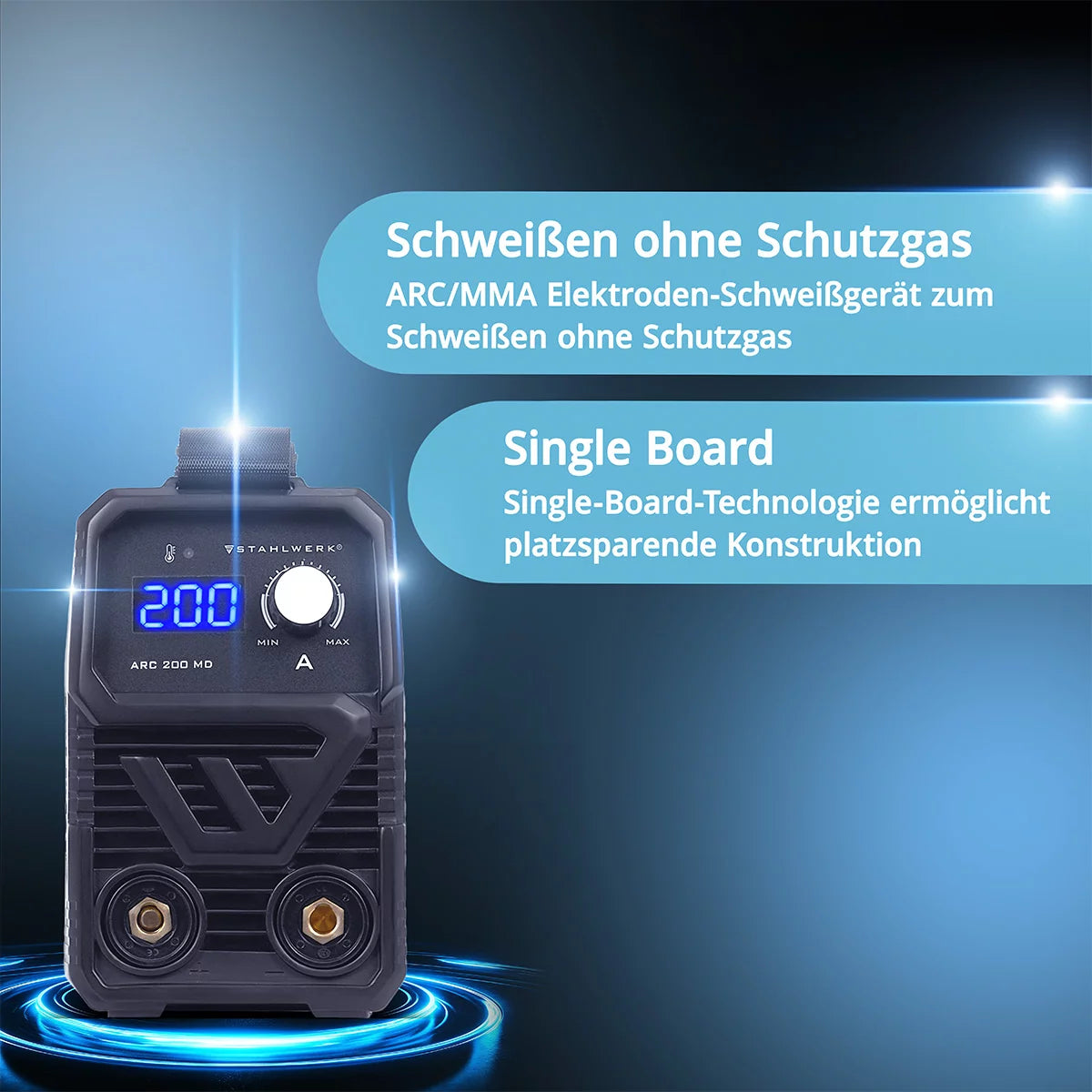 Poste de soudage à électrode STAHLWERK ARC 200 MD avec 200 ampères Entièrement équipé | Casque de soudage | Électrodes | DC MMA/E-Main | Ascenseur TIG | Démarrage à chaud | Refroidissement intelligent | Planche simple | Très compact