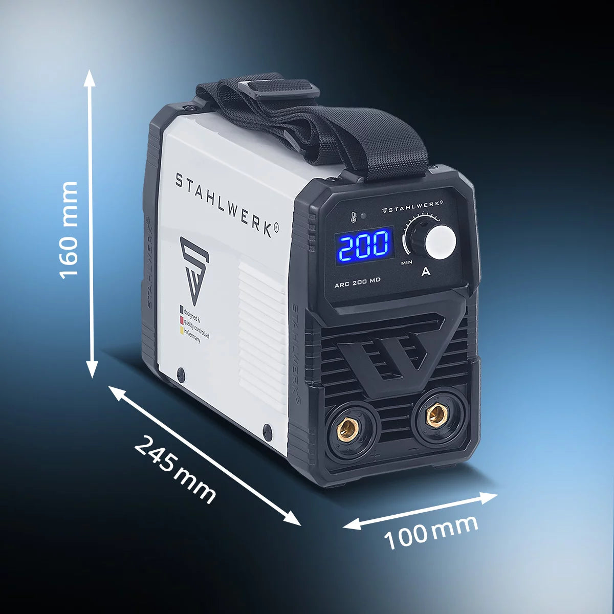 Poste de soudage à électrode STAHLWERK ARC 200 MD avec 200 ampères Entièrement équipé | Casque de soudage | Électrodes | DC MMA/E-Main | Ascenseur TIG | Démarrage à chaud | Refroidissement intelligent | Planche simple | Très compact