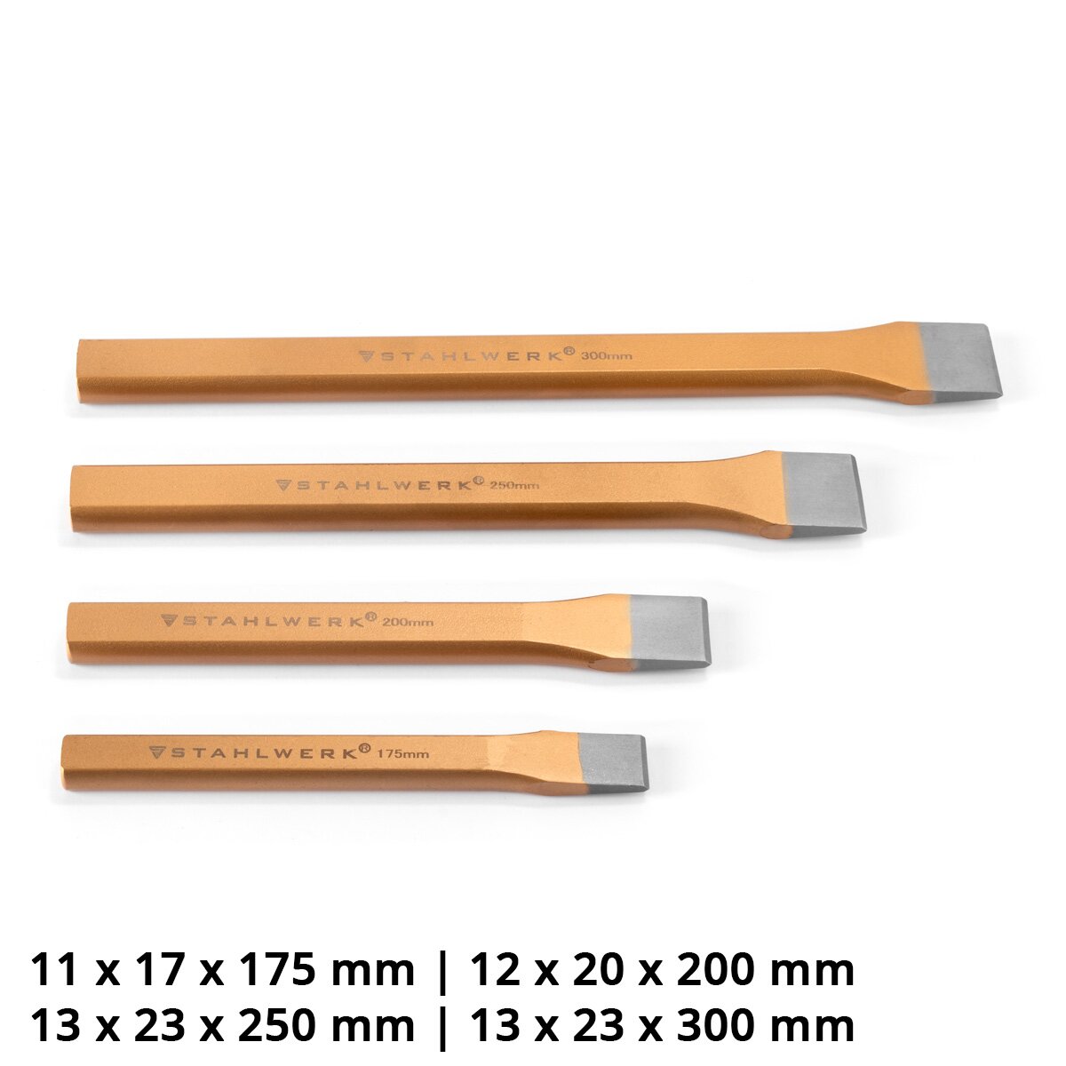 STAHLWERK Flachmeißel 4er Set Gold 175 | 200 | 250 | 300 mm Handmeißel aus gehärtetem Stahl zum professionellen Meißeln von Metall, Stein, Holz, Beton, Fliesen und Kunststoffen