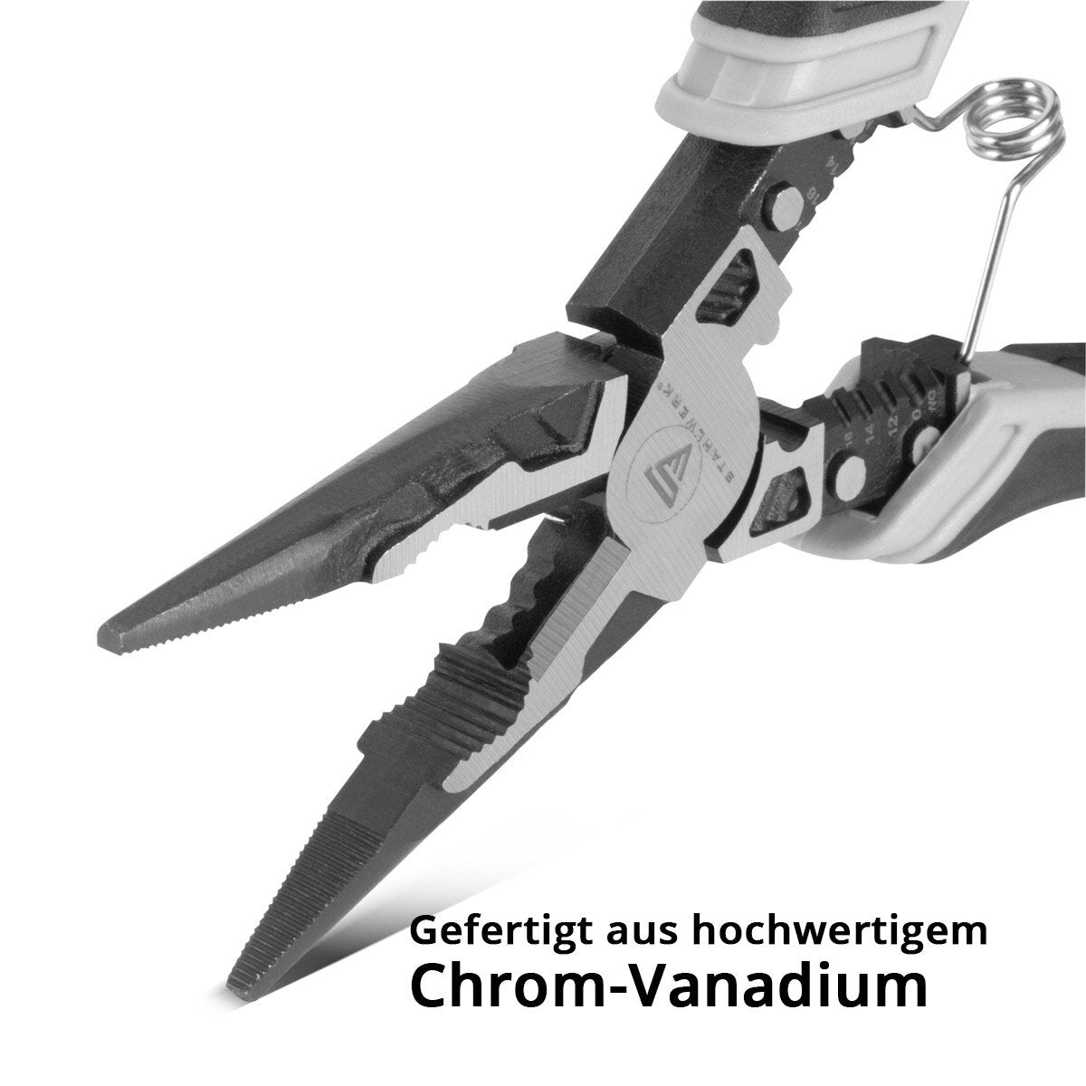 STAHLWERK Flachrundzange | Kombizange | Multifunktionszange | Spitzzange | Flachzange | Seitenschneider | Abisolierzange | Crimpzange aus hochwertigem Chrom-Vanadium