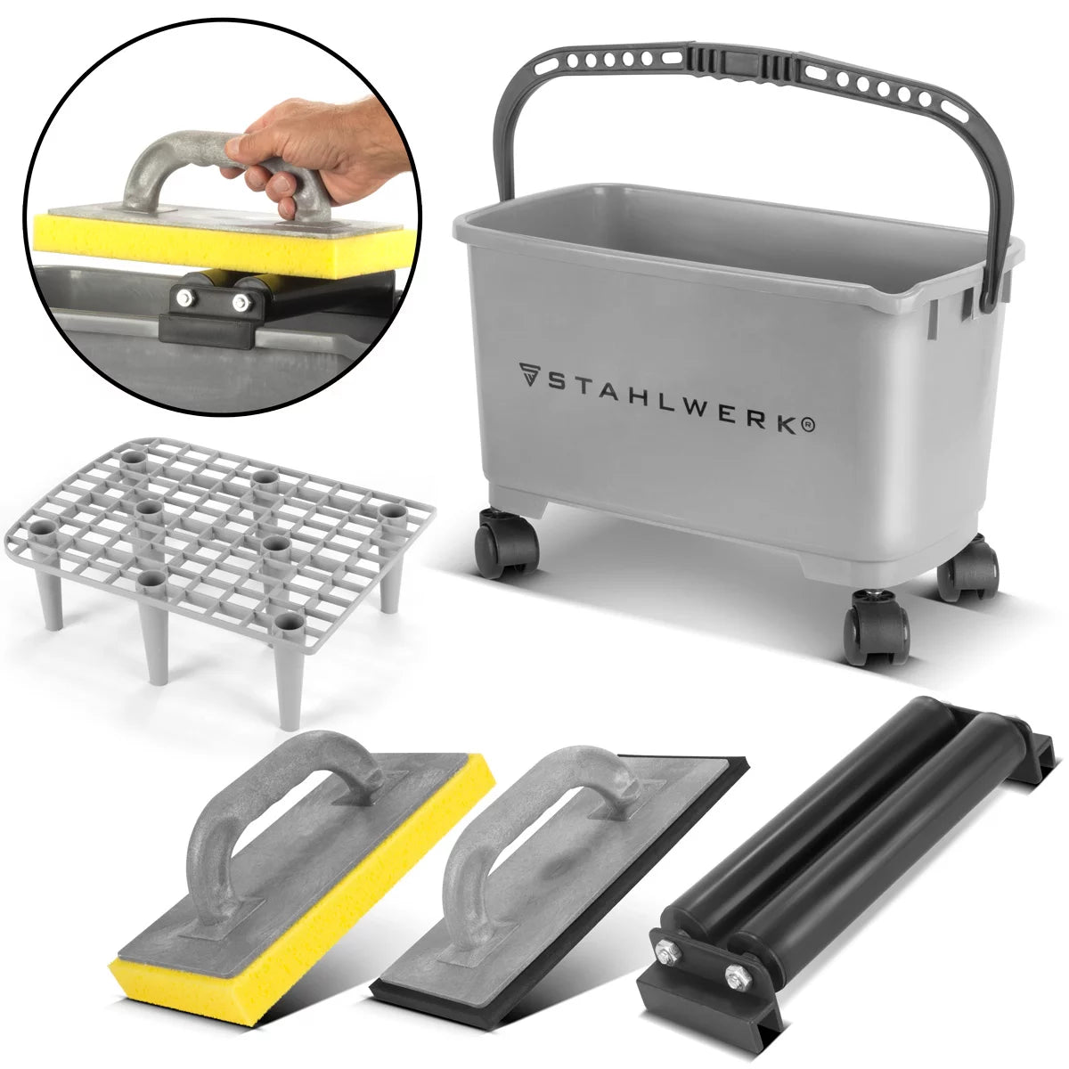 STAHLWERK Fliesenwaschset Pro | 5-teiliges Fliesenleger Waschset | professionelles Fliesen Waschset mit 24 Liter Eimer| Fliesenwaschbrett| Reibebrett | Fliesenreinigung | perfekte Fliesen