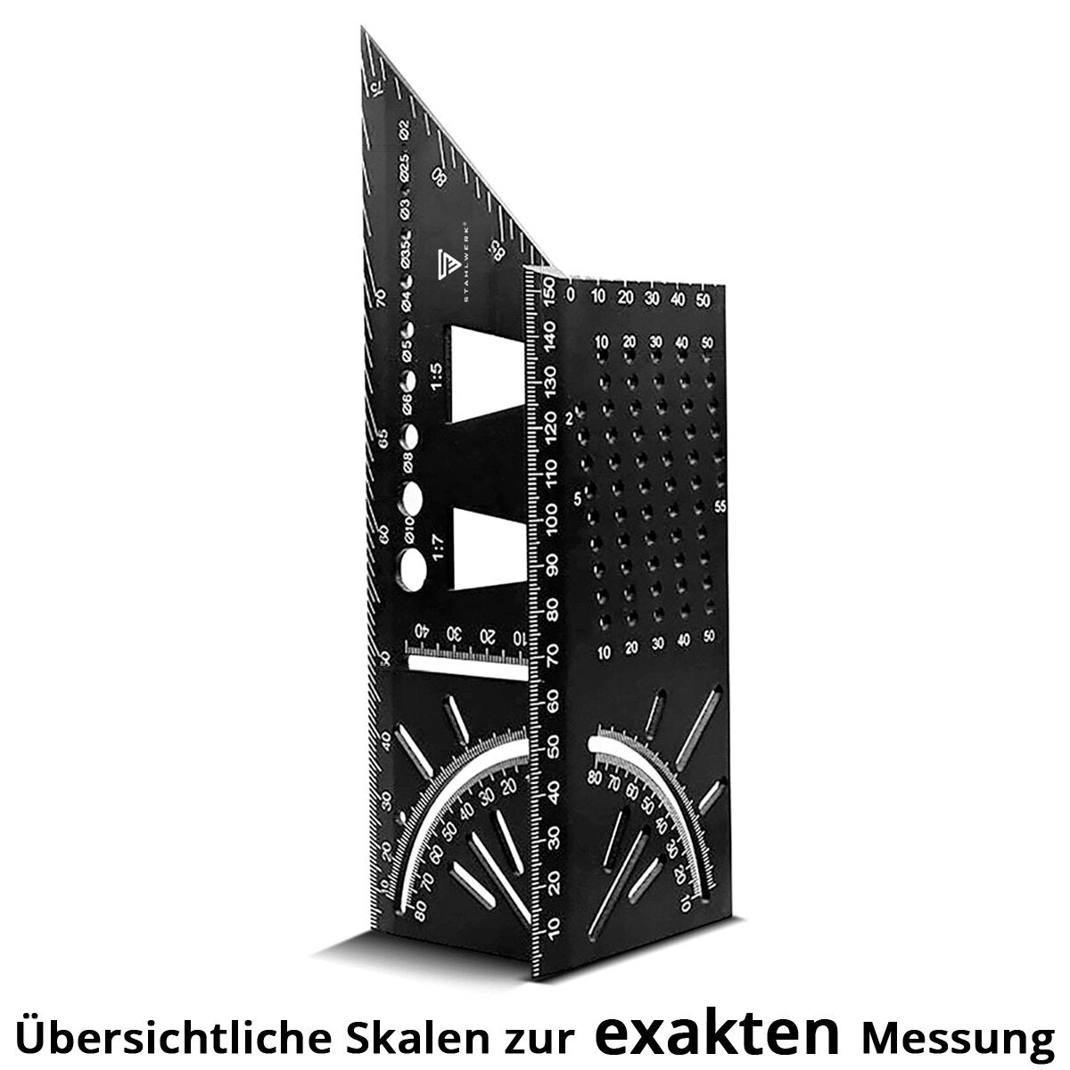 STAHLWERK miter angle ruler with stop and drilling jig 3D angle | carpenter's angle | Aluminum angle | Miter gauge | Protractor for precise measuring, marking, marking and drawing