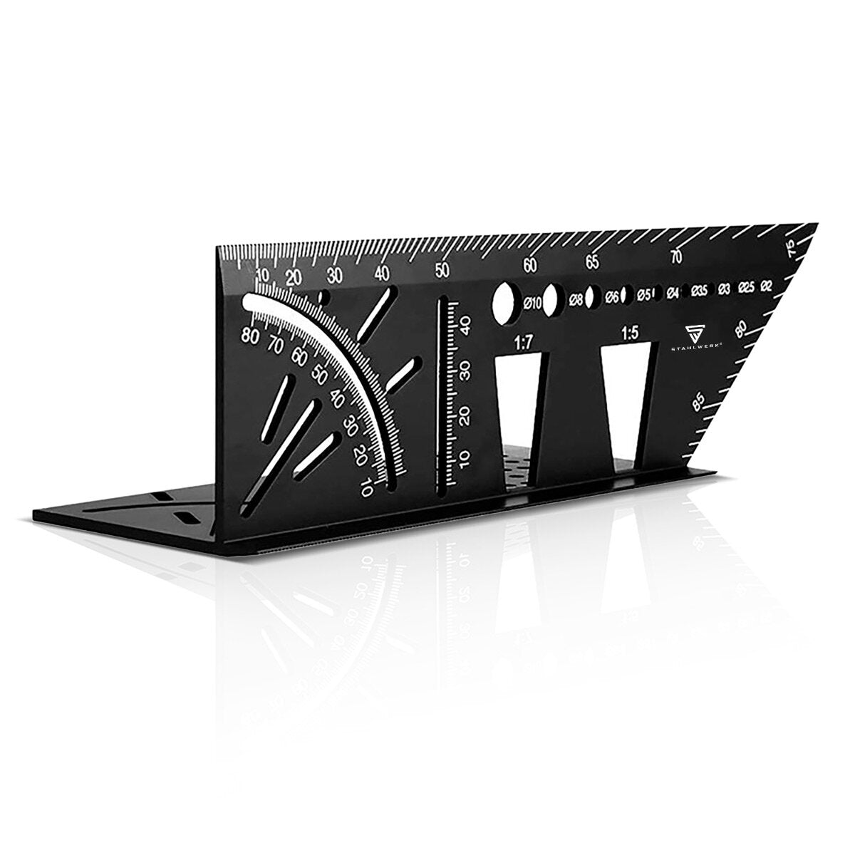 STAHLWERK miter angle ruler with stop and drilling jig 3D angle | carpenter's angle | Aluminum angle | Miter gauge | Protractor for precise measuring, marking, marking and drawing
