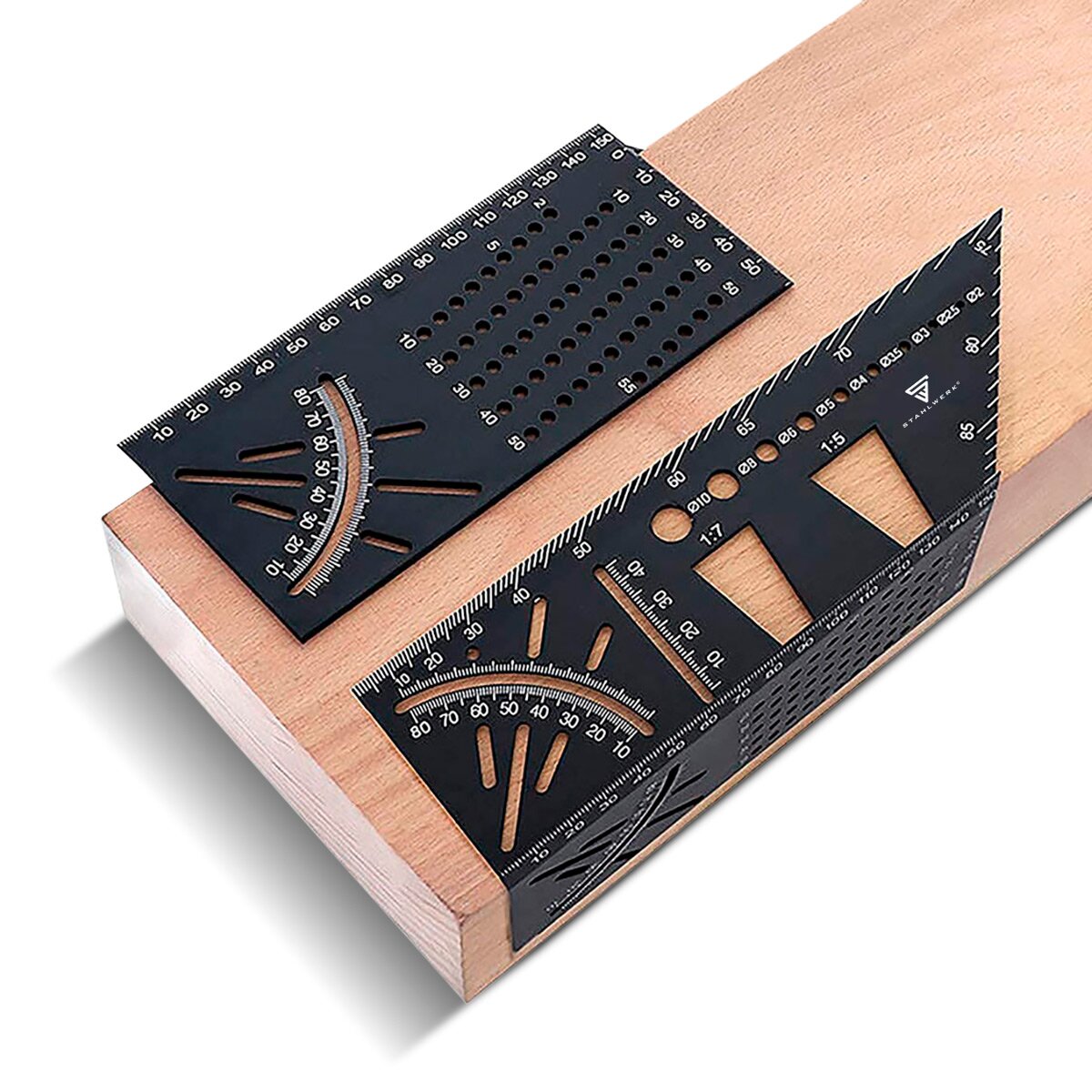 STAHLWERK miter angle ruler with stop and drilling jig 3D angle | carpenter's angle | Aluminum angle | Miter gauge | Protractor for precise measuring, marking, marking and drawing