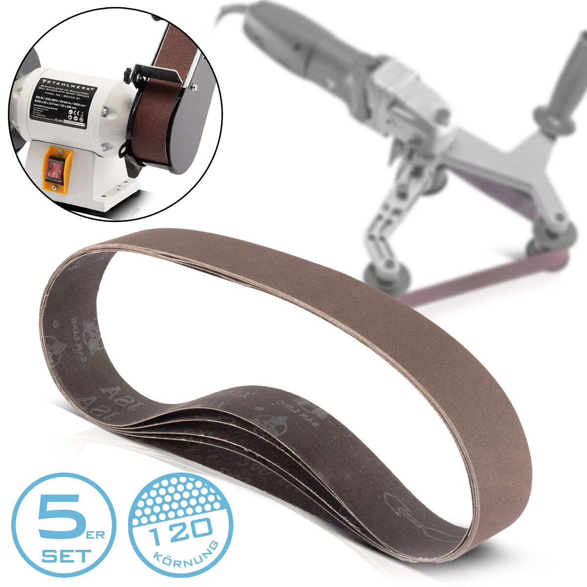 STAHLWERK sanding belt set of 5 with P120 grit 40 x 760 mm universal sandpaper | Fabric sanding belt | Abrasives for pipe belt grinders, belt sanders and sanders