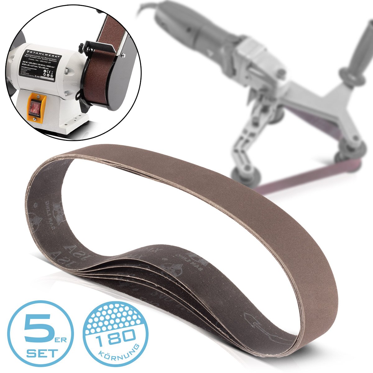 STAHLWERK sanding belt set of 5 with P180 grit 40 x 760 mm universal sandpaper | Fabric sanding belts | Abrasives for pipe belt grinders, belt sanders and sanders