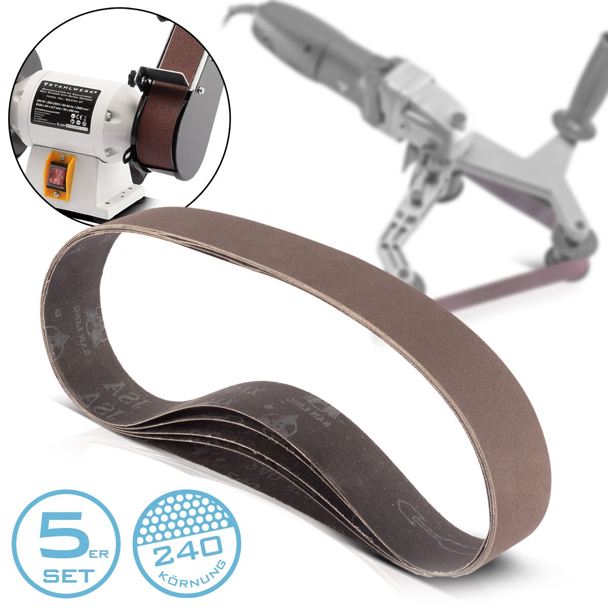 STAHLWERK sanding belt set of 5 with P240 grit 40 x 760 mm universal sandpaper | Fabric sanding belts | Abrasives for pipe belt grinders, belt sanders and sanders