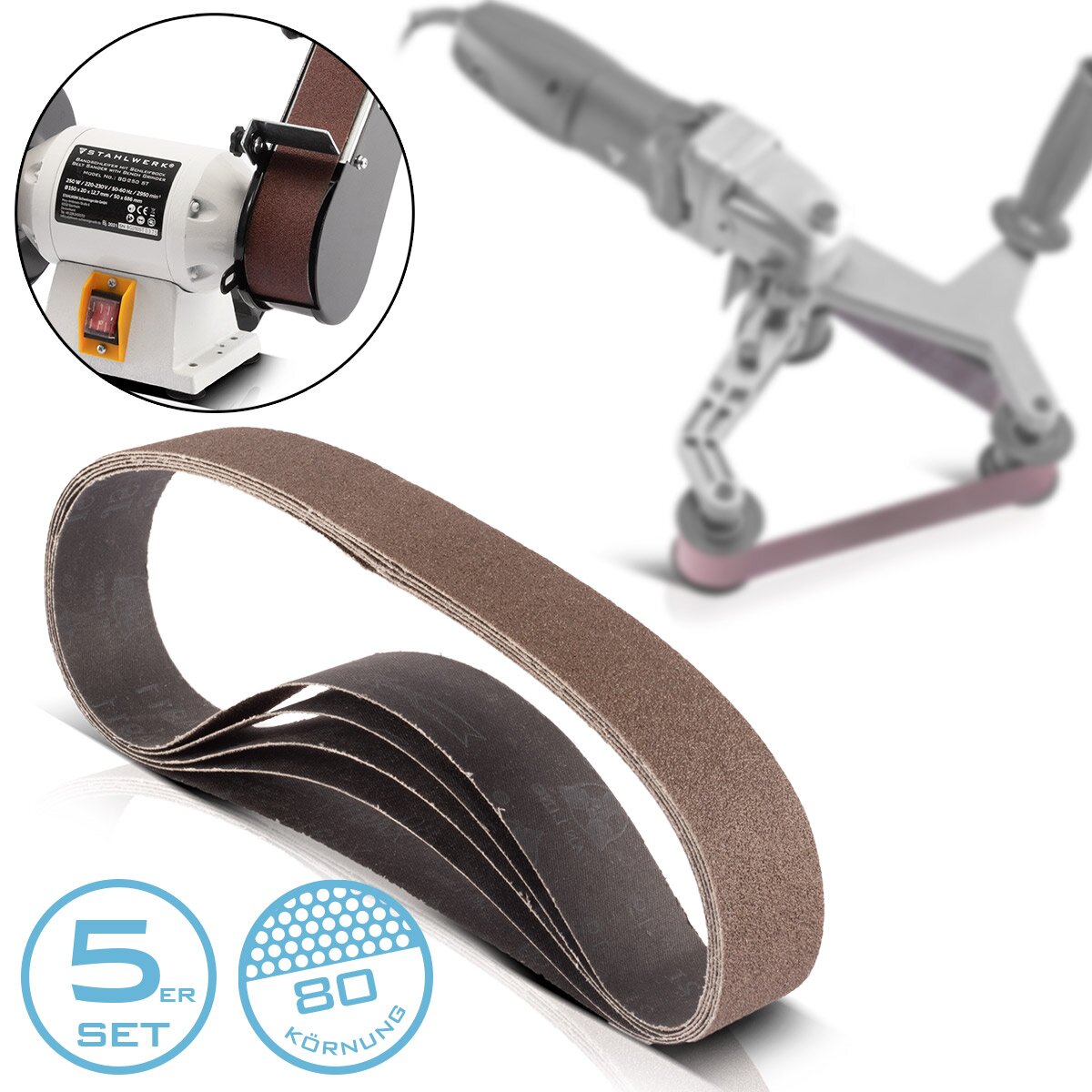 STAHLWERK sanding belt set of 5 with P80 grit 40 x 760 mm universal sandpaper | Fabric sanding belt | Abrasives for pipe belt grinders, belt sanders and sanders