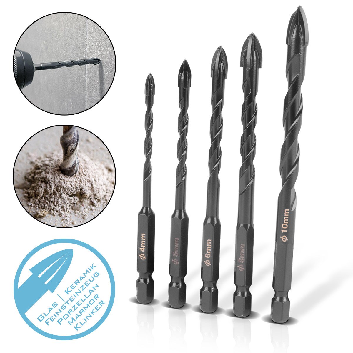 STAHLWERK glass drill | Tile drill | Ceramic drill set of 5 4 | 5 | 6 | 8 | 10 mm with 1/4 inch hexagonal holder for drilling holes in glass, tiles, ceramics, porcelain, clinker brick, fine stoneware, marble