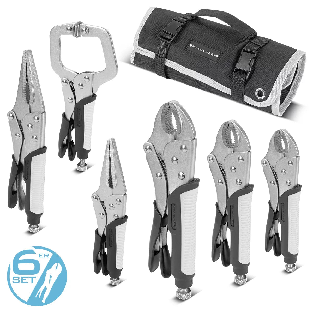 STAHLWERK Gripzangen Set 6-teilig Klemmbereich einstellbar | Langbeck-Gripzange 165/241mm | Gripzangen mit gebogenen Backen 127/178/254 mm | C-Klemme 152 mm | Ergonomische TPR Griffe | Rolltasche inklusive