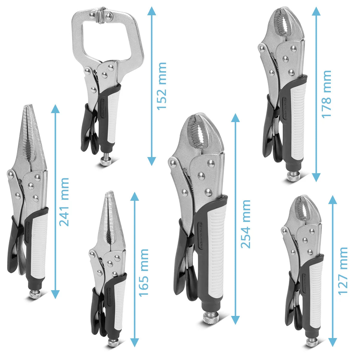 STAHLWERK Gripzangen Set 6-teilig Klemmbereich einstellbar | Langbeck-Gripzange 165/241mm | Gripzangen mit gebogenen Backen 127/178/254 mm | C-Klemme 152 mm | Ergonomische TPR Griffe | Rolltasche inklusive
