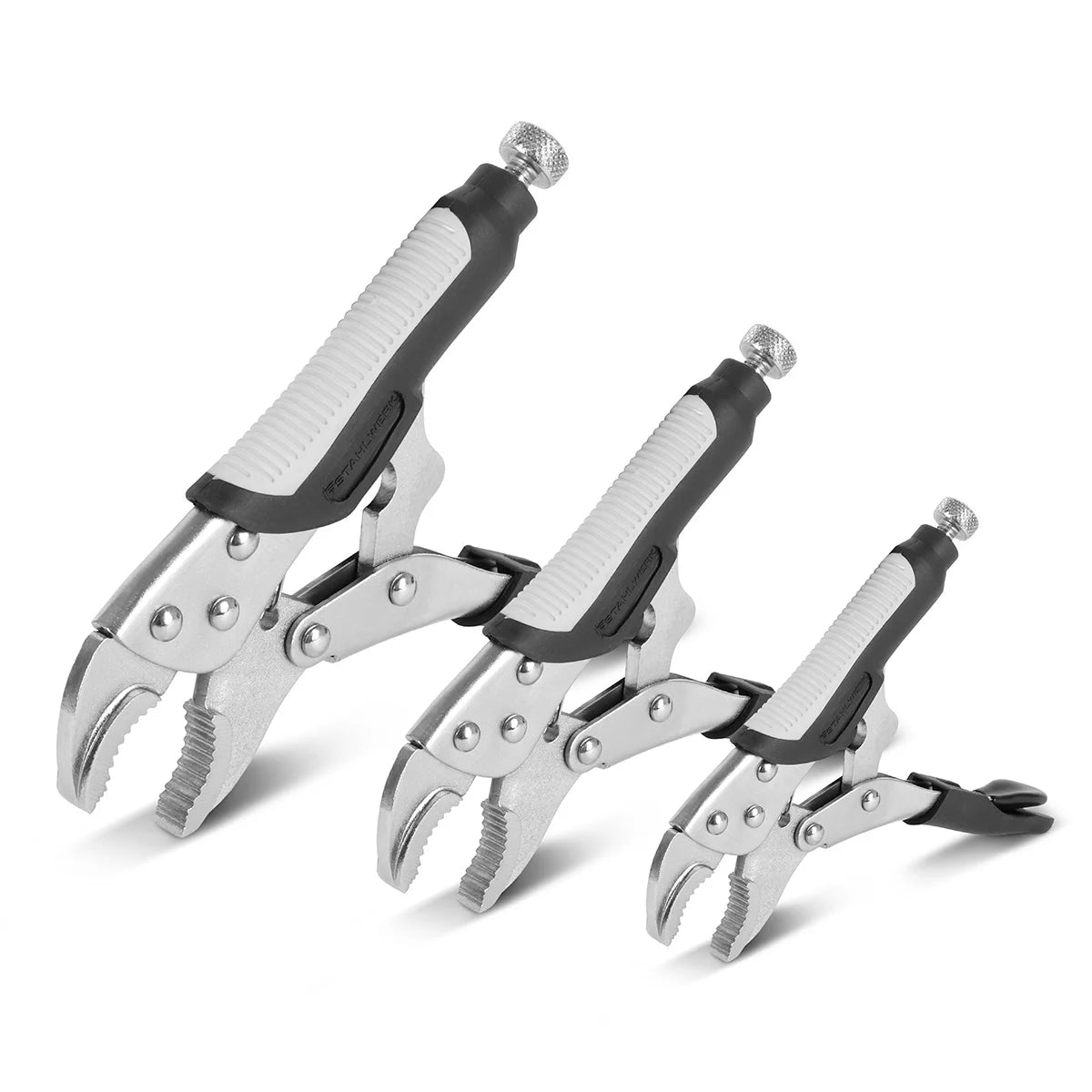 STAHLWERK Gripzangen Set 6-teilig Klemmbereich einstellbar | Langbeck-Gripzange 165/241mm | Gripzangen mit gebogenen Backen 127/178/254 mm | C-Klemme 152 mm | Ergonomische TPR Griffe | Rolltasche inklusive