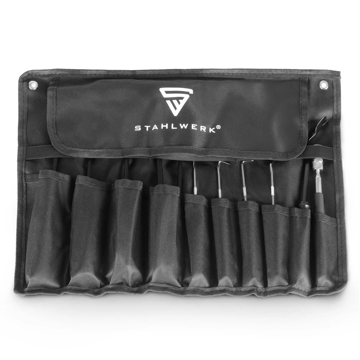 Set di attrezzi a gancio STAHLWERK 12 pezzi | Set ganci | Gancio per ago | Gancio di chiusura | Set di pick per auto | Gancio di precisione | Telescopio magnetico | Strumento per O-ring per rimuovere e inserire le guarnizioni
