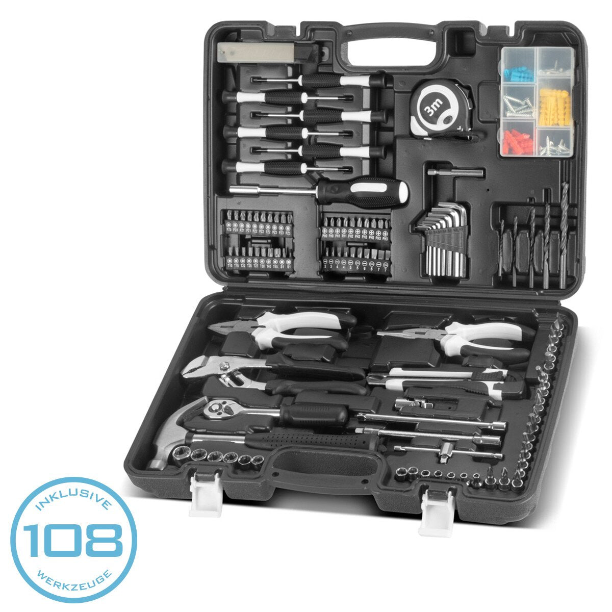 STAHLWERK DIY set HTS-109 ST tool case | Toolbox | Tool box with 108-piece tool set consisting of screwdrivers, socket wrenches, pliers, hammer, tape measure, bit set and accessories