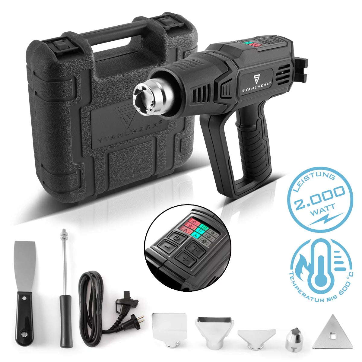 STAHLWERK HP-2000 PRO 2,000 watt hot air gun and hot air dryer up to 600 degrees with LED display and digital control | Hot air blower for welding, soldering, shrinking