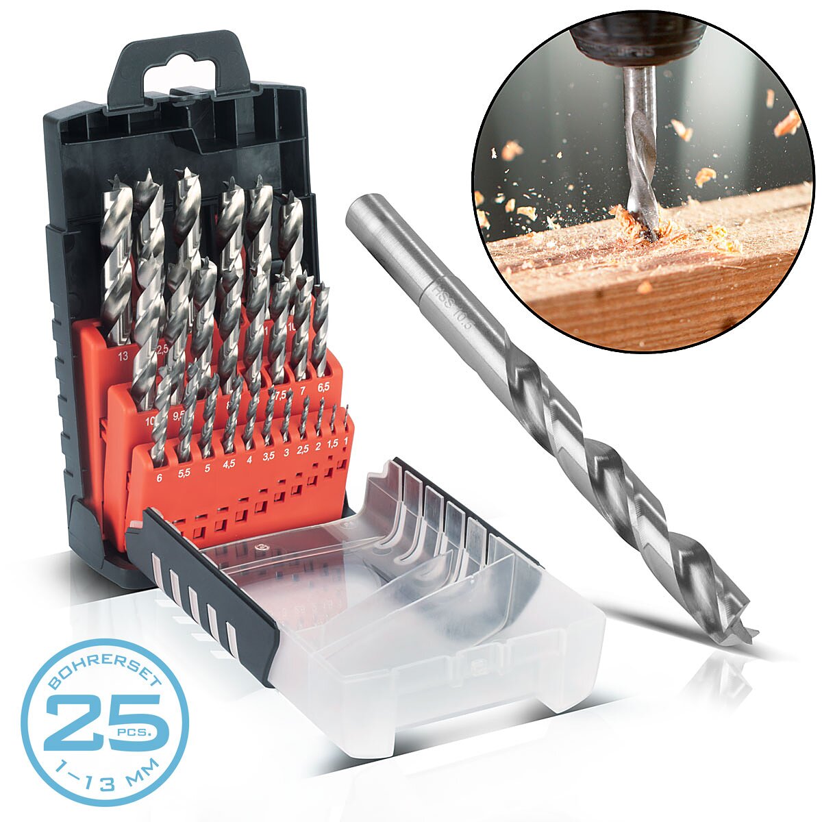 STAHLWERK HSS set di 25 punte elicoidali per legno 1-13 mm DIN 338 punte per legno | Punte HSS | Set di punte | Set di punte con bordi affilati e punta di centraggio per una foratura precisa