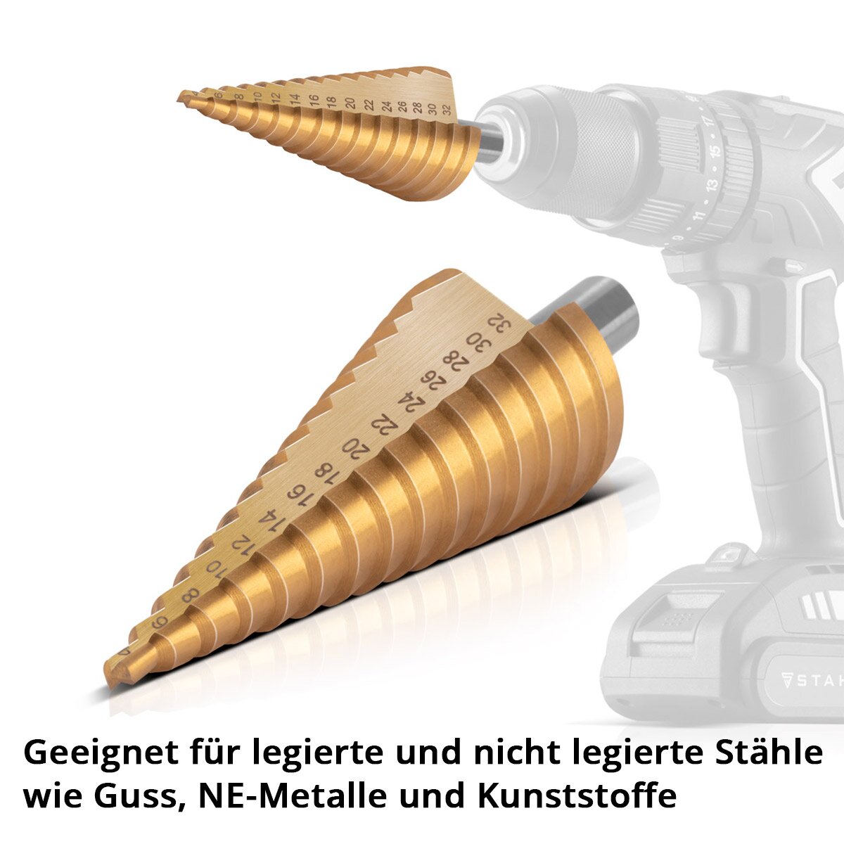 STAHLWERK HSS step drill set of 3 TiN coating 4-12 | 4-20 | 4-32mm Titanium Coated Metal Drill Bits | Cone drill | Countersink drill | Paring drill | Cone drill | Drill set with aluminum box