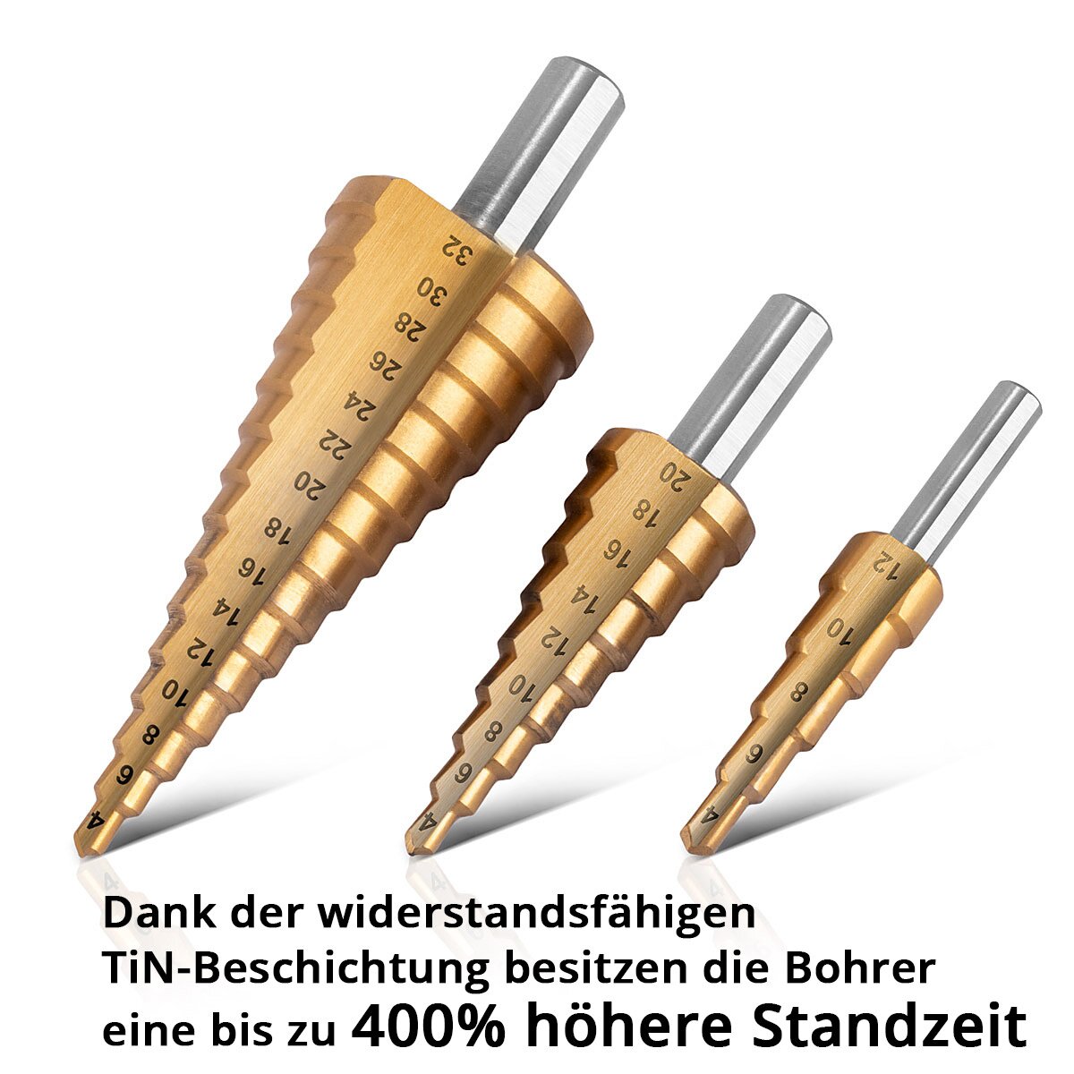 STAHLWERK HSS step drill set of 3 TiN coating 4-12 | 4-20 | 4-32mm Titanium Coated Metal Drill Bits | Cone drill | Countersink drill | Paring drill | Cone drill | Drill set with aluminum box
