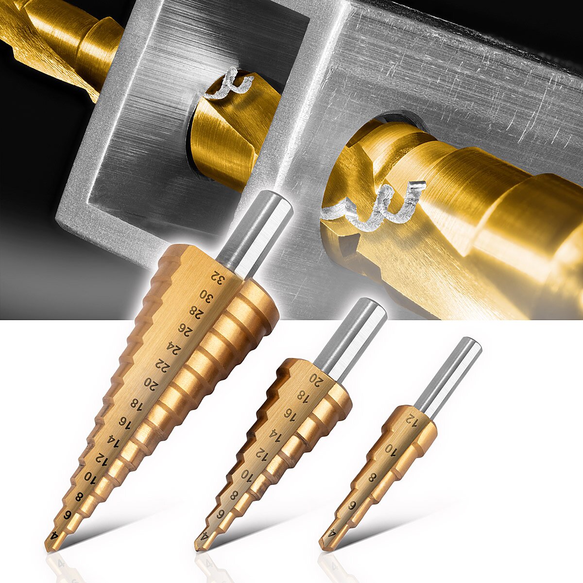 STAHLWERK HSS step drill set of 3 TiN coating 4-12 | 4-20 | 4-32mm Titanium Coated Metal Drill Bits | Cone drill | Countersink drill | Paring drill | Cone drill | Drill set with aluminum box