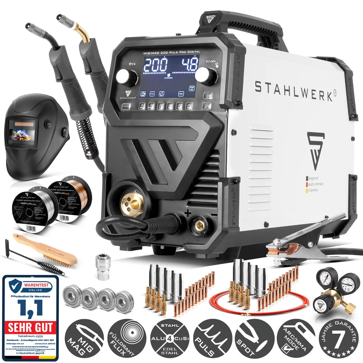 STAHLWERK MIG MAG 200 Spot Puls Pro Digital fully equipped inert gas welding machine | IGBT inverter 200 A | Synergic wire feeder | 4 roller drive | FLUX, Lift-TIG, MMA, CuSi | MIG pulse for aluminum