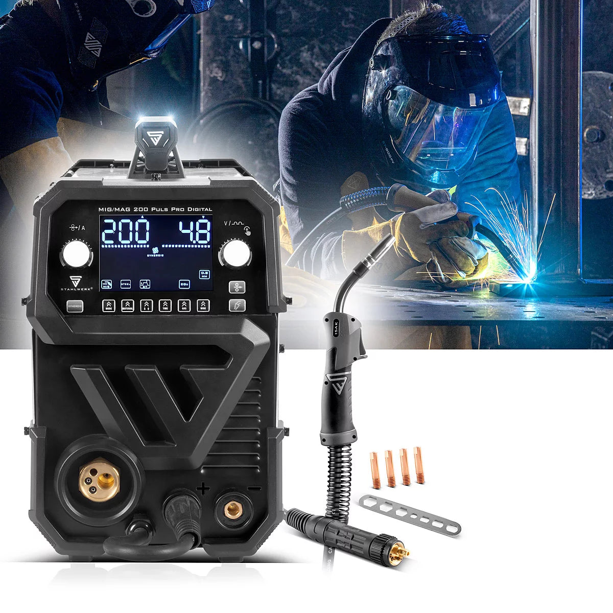STAHLWERK MIG MAG 200 Spot Puls Pro Digital fully equipped inert gas welding machine | IGBT inverter 200 A | Synergic wire feeder | 4 roller drive | FLUX, Lift-TIG, MMA, CuSi | MIG pulse for aluminum